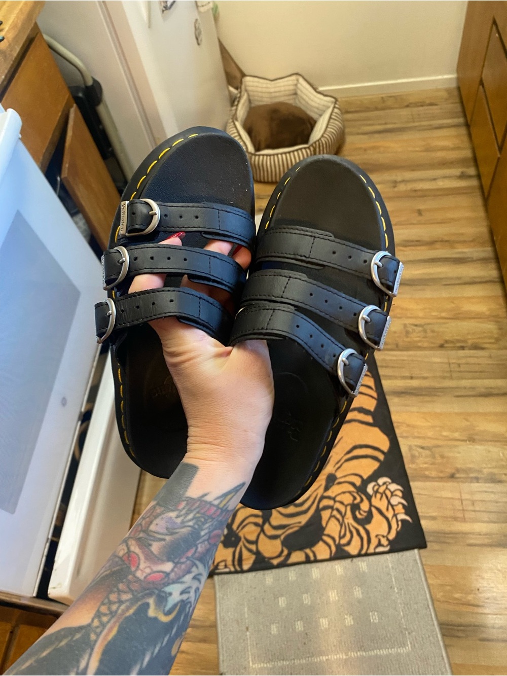 Dr. Martens Black Triple-Strap Slide Sandals with Yellow Stitching - Picture 3 of 3
